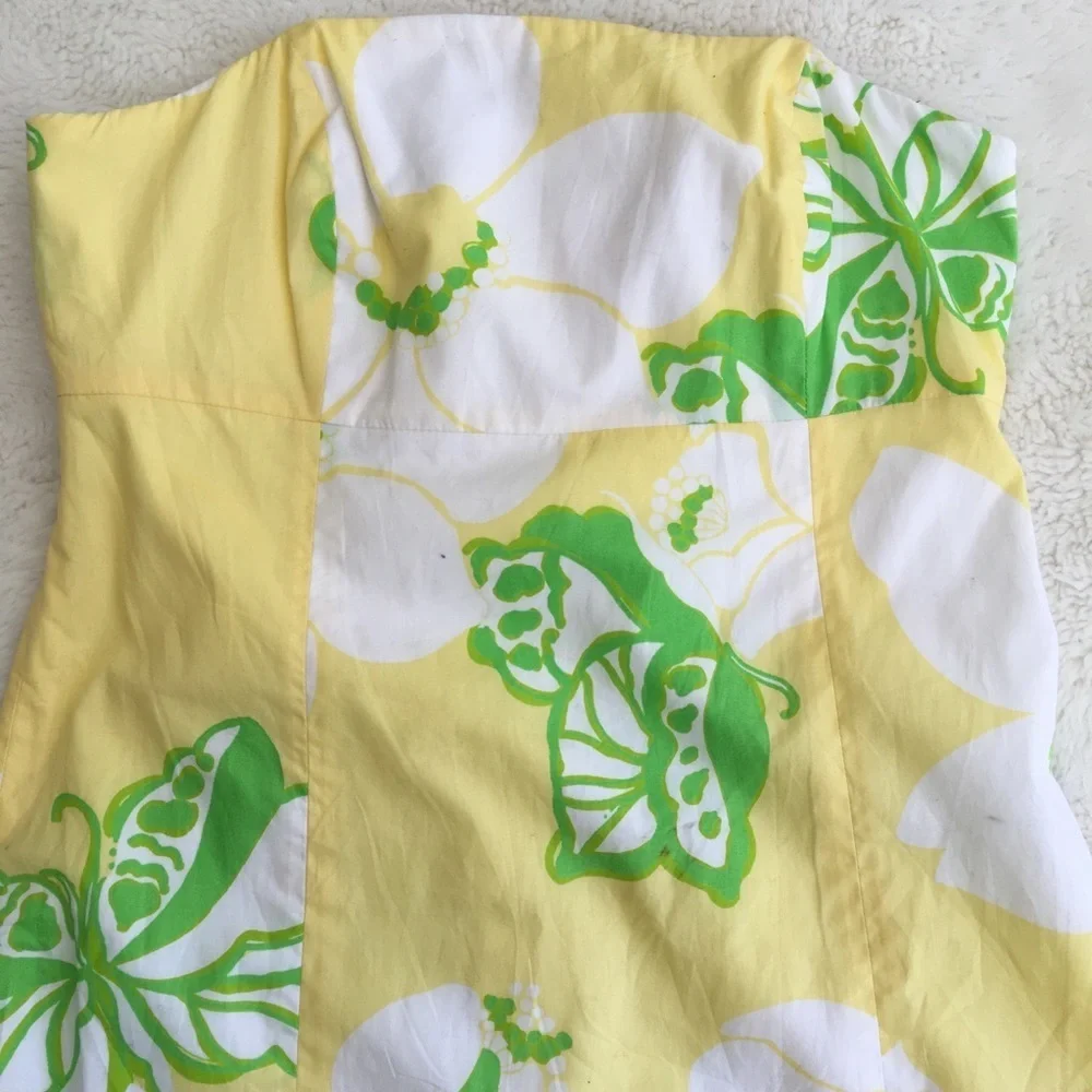Lilly Pulitzer Yellow Strapless Floral Dress with Green and White Print - Picture 2 of 7